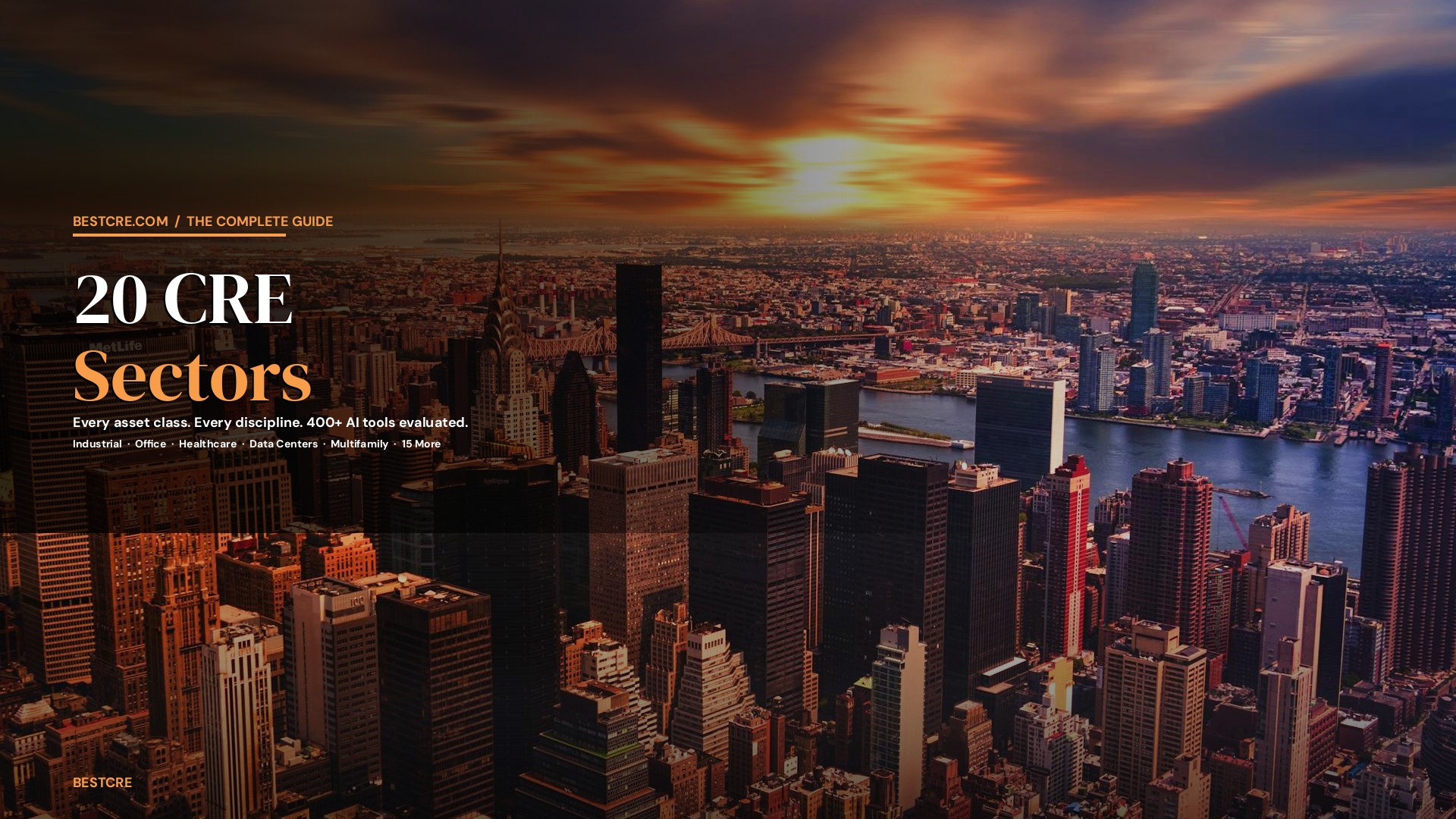 Aerial commercial real estate cityscape at golden hour — BestCRE 20 CRE Sectors hub